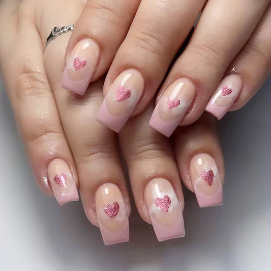 Romantic Heartfelt Beauty Long Square Pink Glitter Press On Nail Set