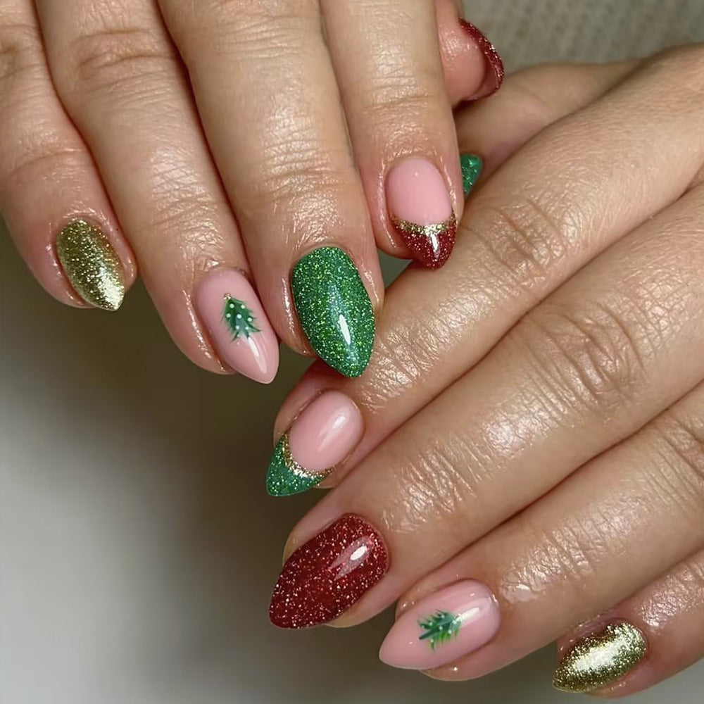 Festive Sparkle Long Almond Green and Red Glitter Press On Nail Set with Cute Holiday Tree Design