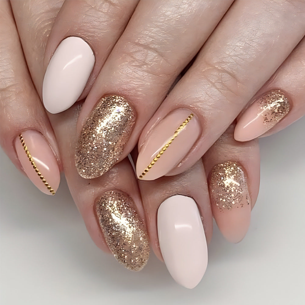 Glamorous Golden Hour Almond Press On Long Nail Set in Soft Pink and Sparkling Gold with Dazzling Metallic Accents