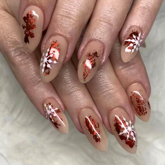 Autumn Elegance Long Almond Beige Press On Nail Set with Sparkling Copper Leaf Accents