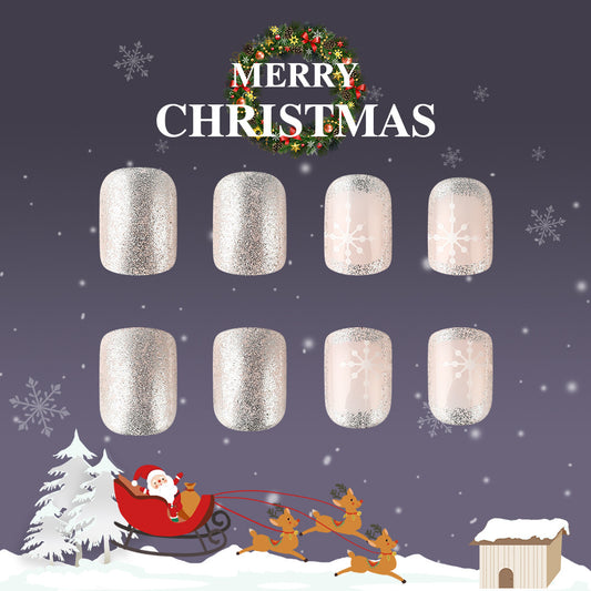 Holiday Sparkle Press On Nail Set Medium Round Silver Glitter and Snowflake Design