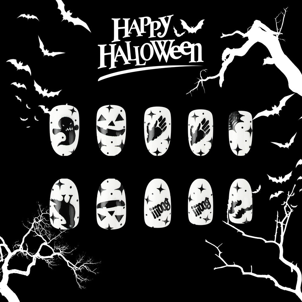 Halloween Spooktacular Long Oval Black and White Ghostly Design Press On Nail Set