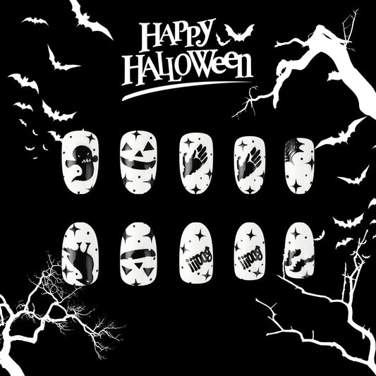 Halloween Spooktacular Long Oval Black and White Ghostly Design Press On Nail Set