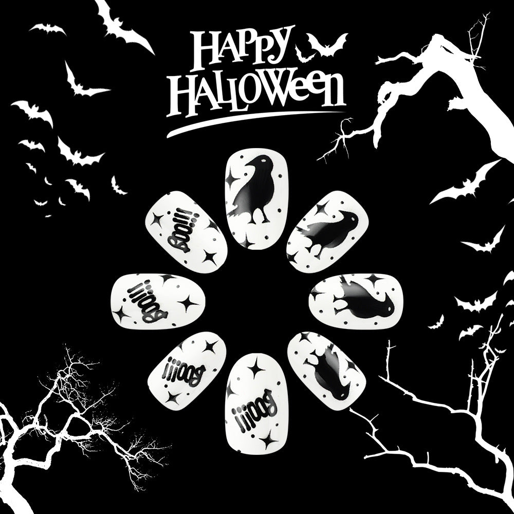 Spooky Halloween Long Oval White Press On Nail Set with Black Cat and Raven Designs