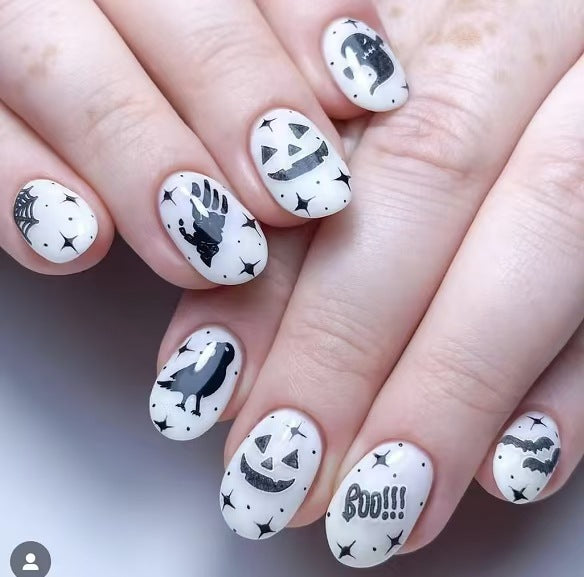 Spooky Halloween Long Oval White Press On Nail Set with Creepy Ghosts and Pumpkin Designs