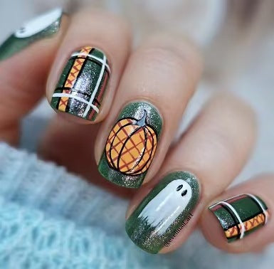 Haunted Harvest Medium Round Green and Orange Press On Nail Set with Pumpkin and Ghost Design