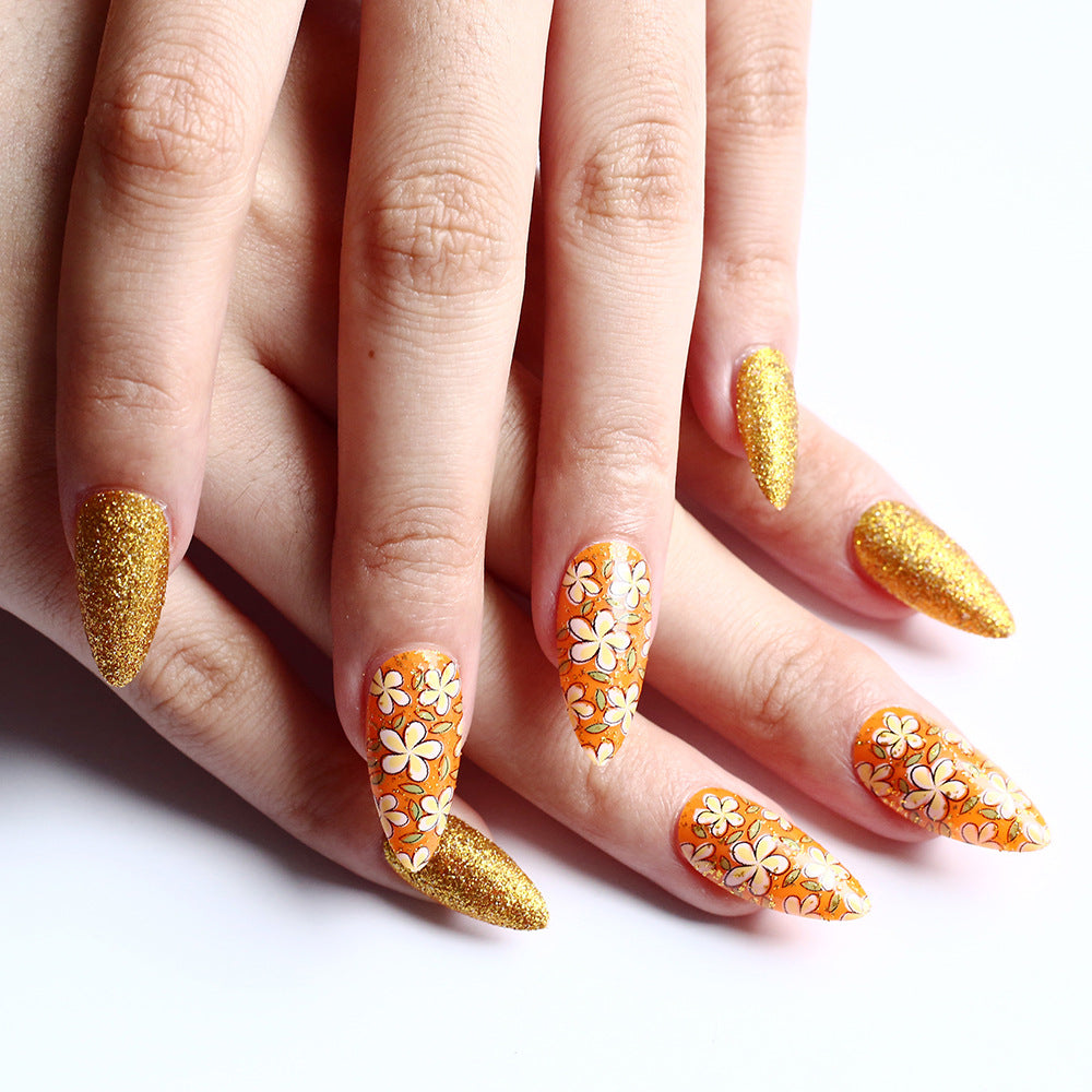 Tropical Sunset Long Almond Orange Floral Glitter Press On Nail Set