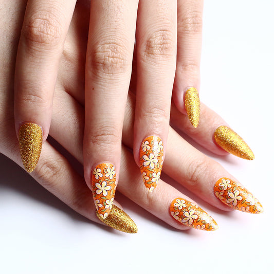 Tropical Sunset Long Almond Orange Floral Glitter Press On Nail Set