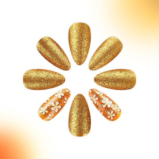 Sunny Gold Glitter Almond Shaped Long Press On Nail Set with Floral Accents