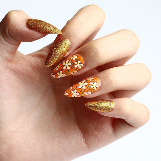 Boho Chic Long Almond Orange Floral Press On Nail Set with Glitter Finish