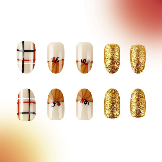 Autumn Elegance Long Almond Press On Nail Set Gold Glitter and Plaid Design