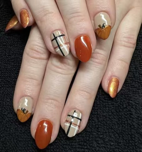 Autumn Harvest Long Almond Shape Burnt Orange and Tan Press On Nail Set with Pumpkin and Plaid Designs