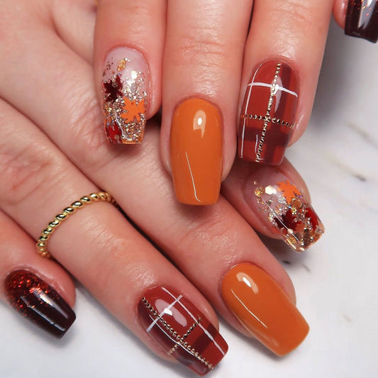 Autumn Harvest Long Coffin Brown and Orange Press On Nail Set with Glitter and Leaf Designs