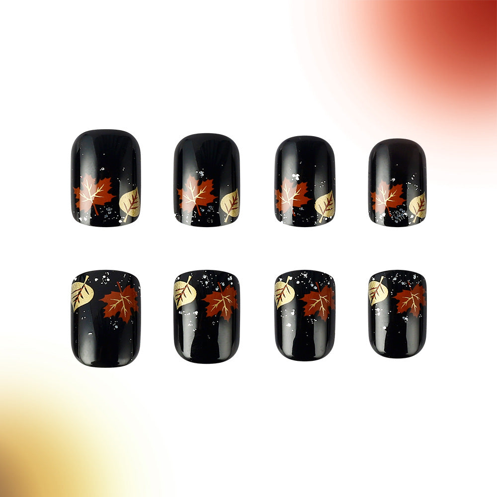 Autumn Elegance Short Square Black Press On Nail Set with Fall Leaf Design and Sparkling Accents