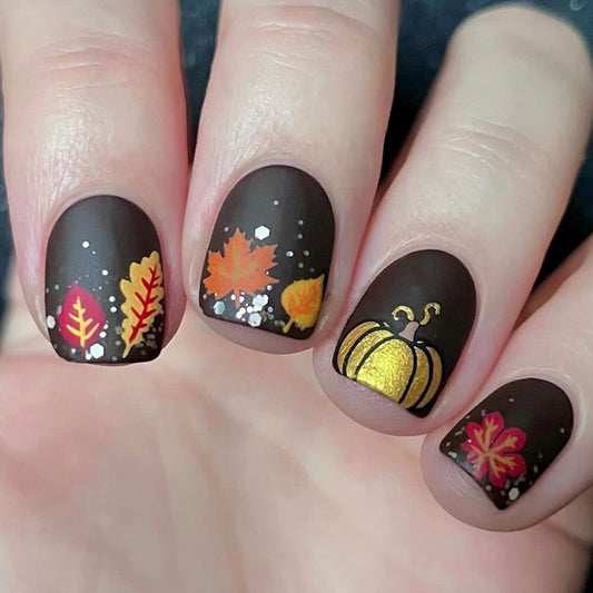 Autumn Charm Short Square Matte Brown Press On Nail Set with Colorful Pumpkin and Leaf Designs