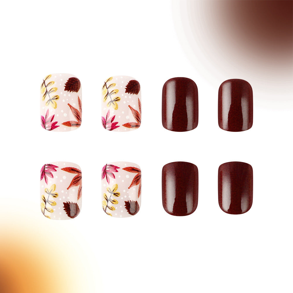 Autumn Bliss Short Square Burgundy and Floral Press On Nail Set with Unique Glitter Accents