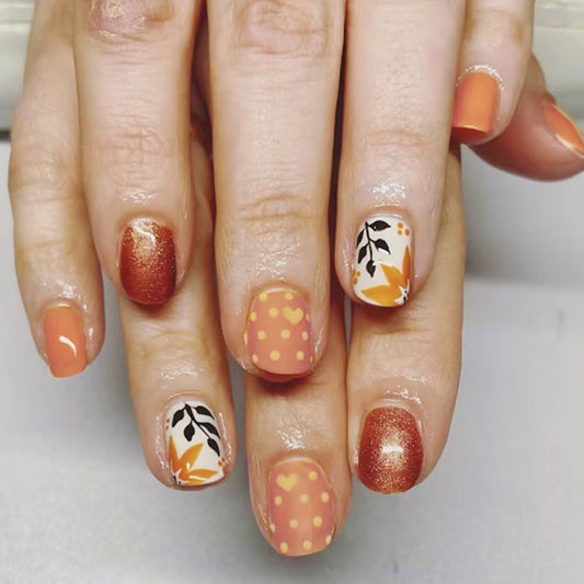 Autumn Bliss Press on Nail Set Short Squoval Orange with Glitter Gradient and Floral Accents