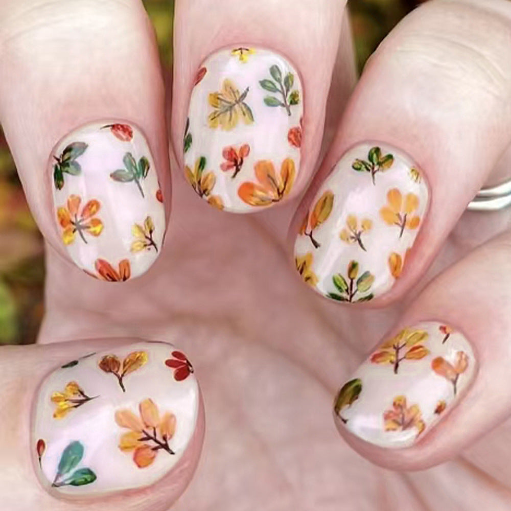 Autumn Blossom Press On Nail Set Short Oval Multicolor Floral Design with Glossy Finish