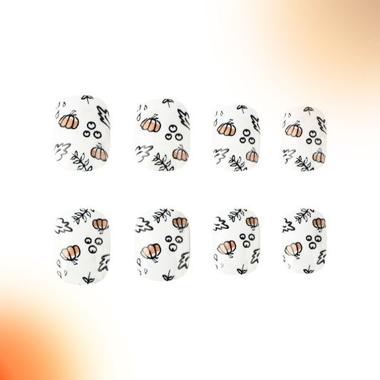 Spooky Harvest Short Oval White and Orange Pumpkin Design Press On Nail Set