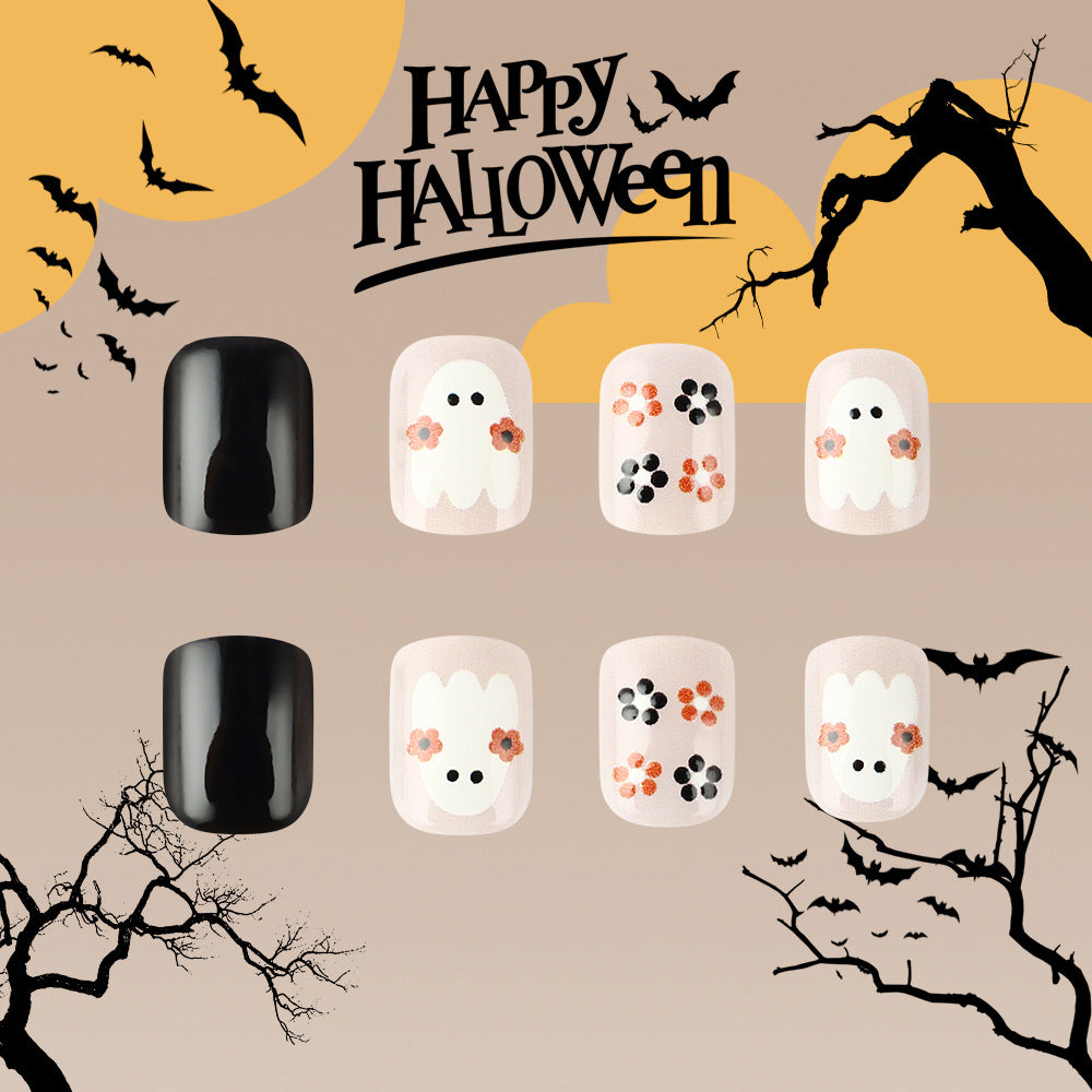 Spooky Halloween Press On Nail Set Short Round Black and White with Ghost and Floral Designs