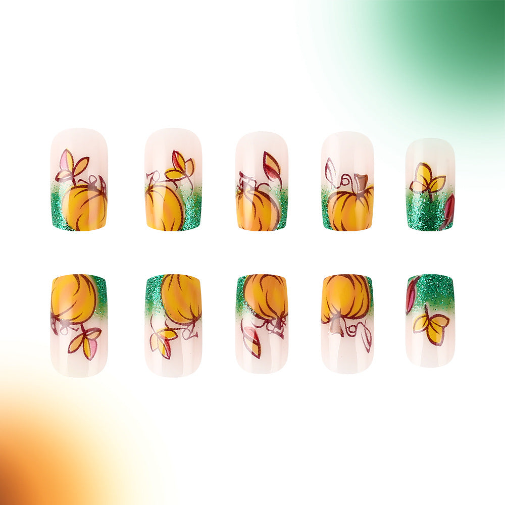 Autumn Harvest Long Square Orange Glitter Press On Nail Set with Floral Design