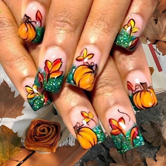 Autumn Harvest Square Long Glitter Acrylic Press On Nail Set with Pumpkin Floral Design