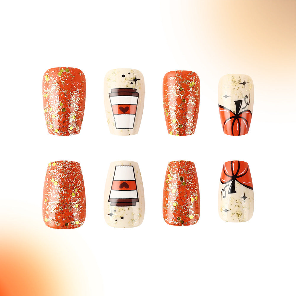 Autumn Delight Long Coffin Orange and Cream Press On Nail Set with Glitter and Coffee Cup Design