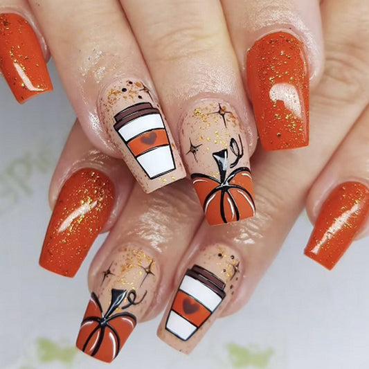 Autumn Vibes Long Coffin Orange Glitter Press On Nail Set with Pumpkin and Coffee Cup Design