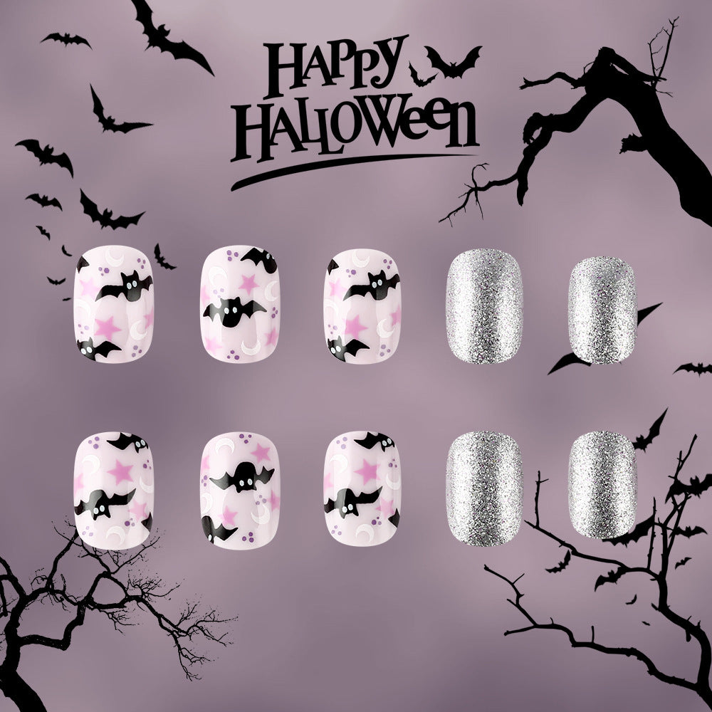 Halloween Bat Adventure Short Squoval Press On Nail Set Pink and Silver with Spooky Bat and Star Design