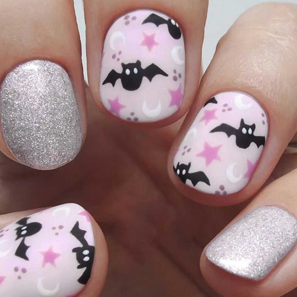 Spooky Bat Theme Short Squoval Pink and Silver Press On Nail Set with Glitter and Fun Bat Print