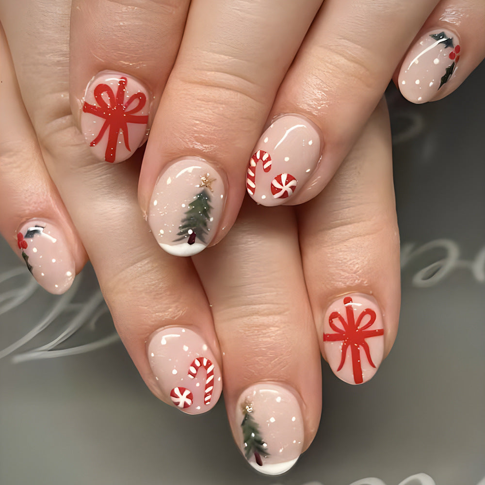 Festive Charm Short Round Beige with Christmas Tree and Candy Cane Design Press on Nail Set