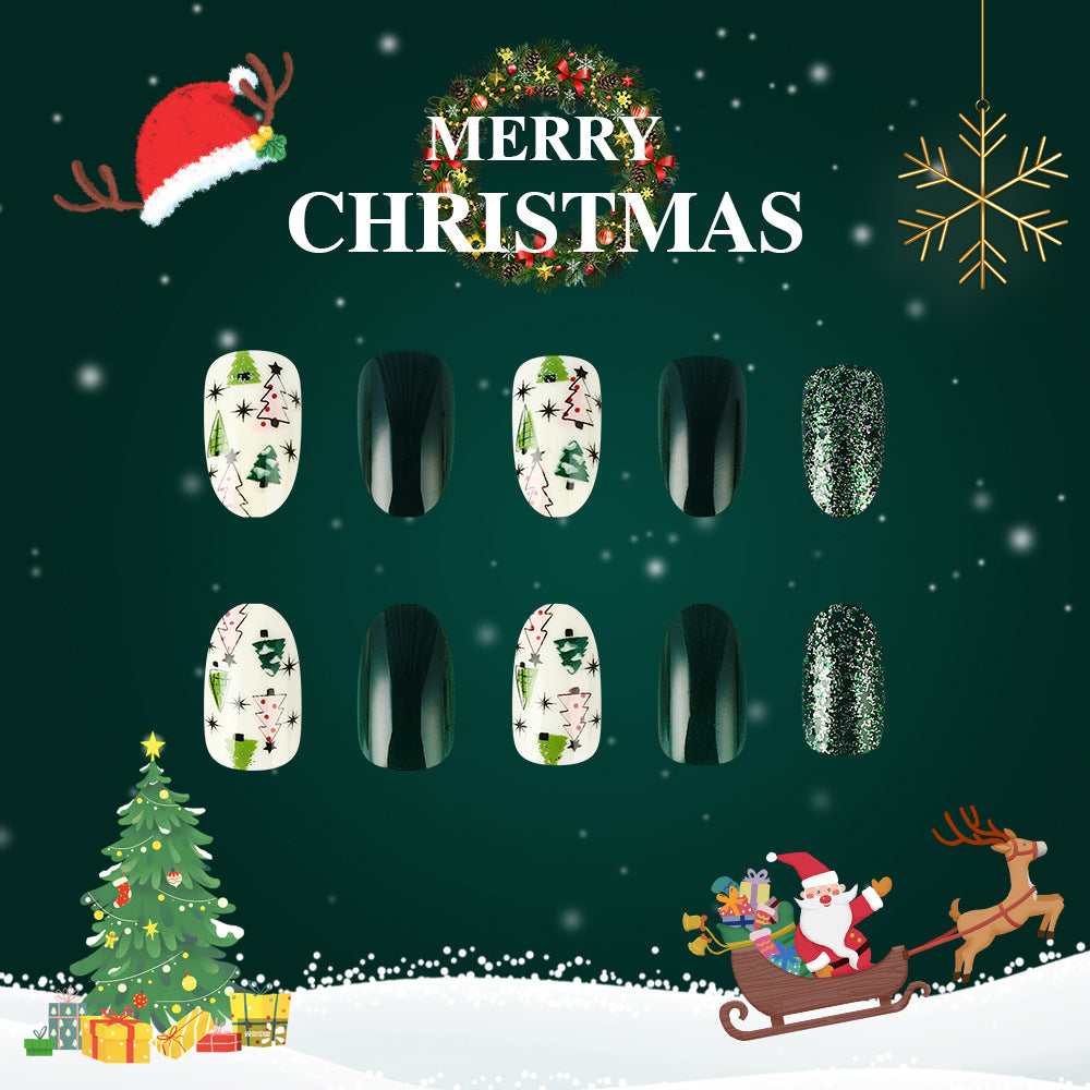 Festive Wonderland Press On Nail Set Medium Oval Green and White Christmas Tree Designs with Glitter Finish