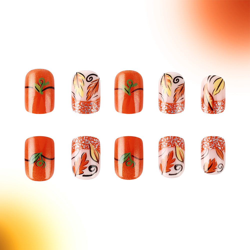 Autumn Vibes Medium Square Orange Press On Nail Set with Glitter and Leaf Artwork