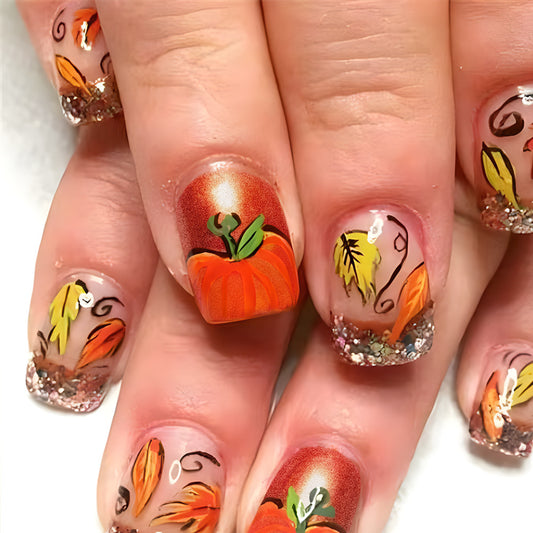 Autumn Harvest Medium Square Orange Glitter Press On Nail Set with Pumpkin and Leaf Designs