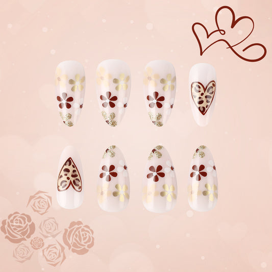 Romantic Floral Elegance Long Almond White and Brown Press On Nail Set with Heart and Flower Designs