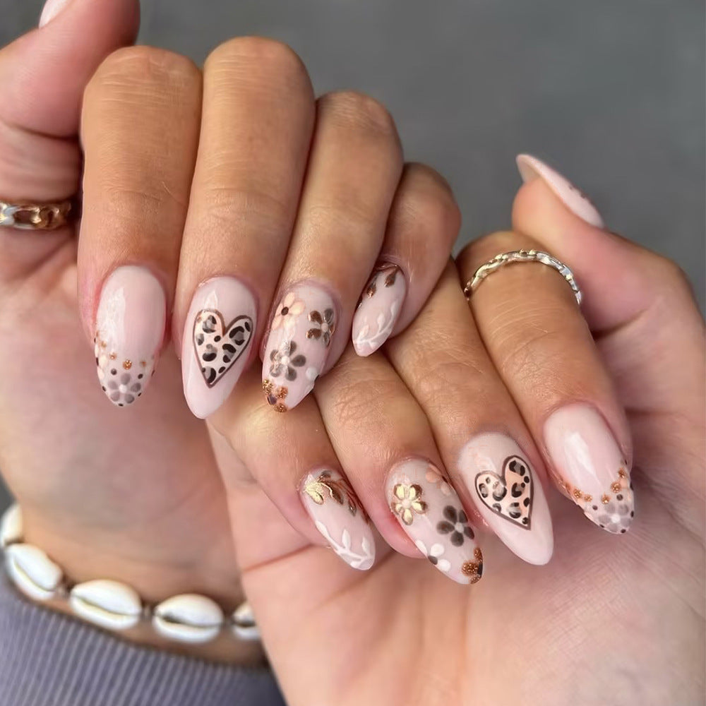 Romantic Floral Almond Shape Long Beige Press On Nail Set with Heart and Flower Accents