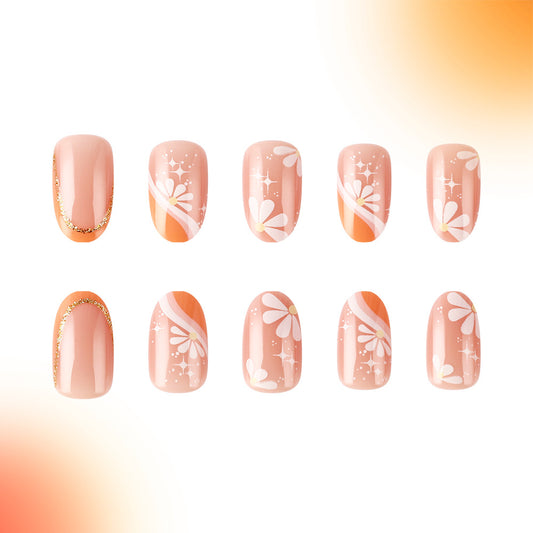 Floral Dream Press On Nail Set Long Oval Blush Pink with Daisies and Glitter Accents