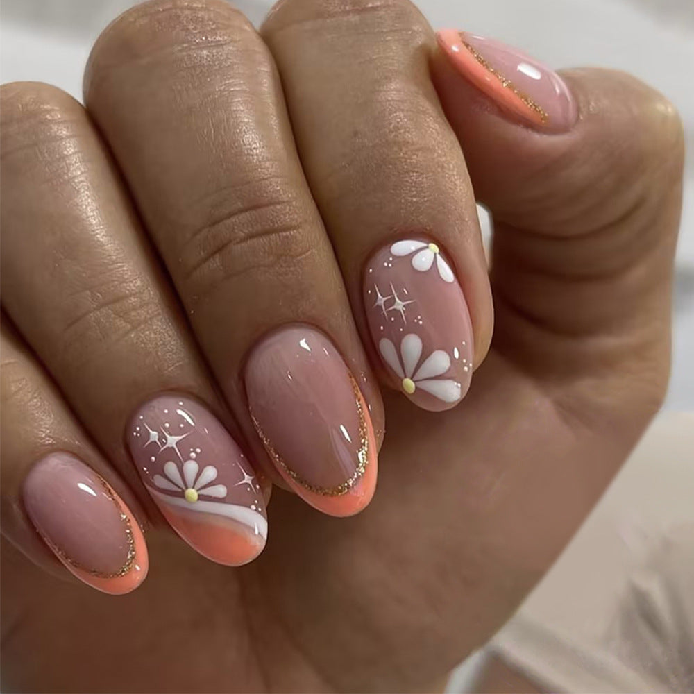 Flower Power Elegant Medium Oval Pink and Coral Press On Nail Set with Gold Glitter Accents and Floral Design