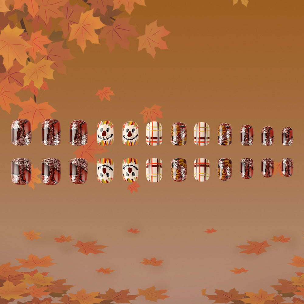 Autumn Delight Short Square Orange and Brown Press On Nail Set with Fun Scarecrow Design