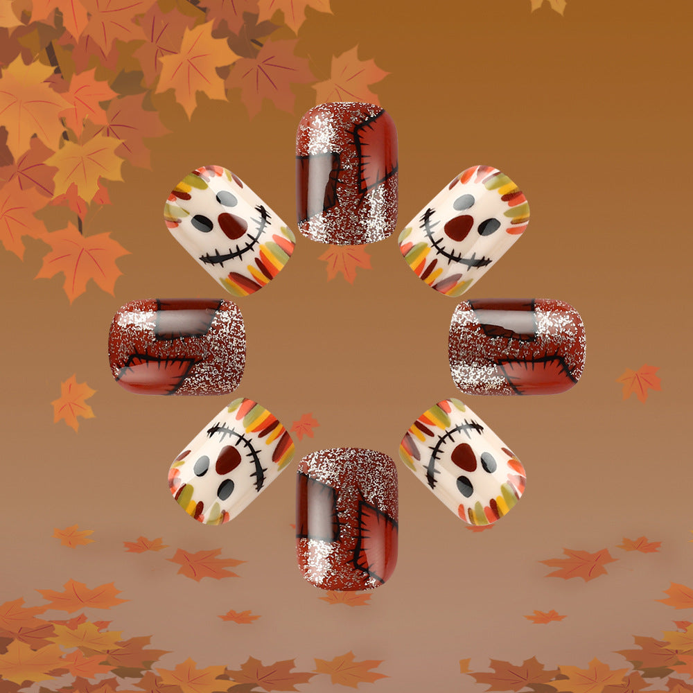 Autumn Harvest Short Square Red and Orange Scarecrow Glitter Press On Nail Set