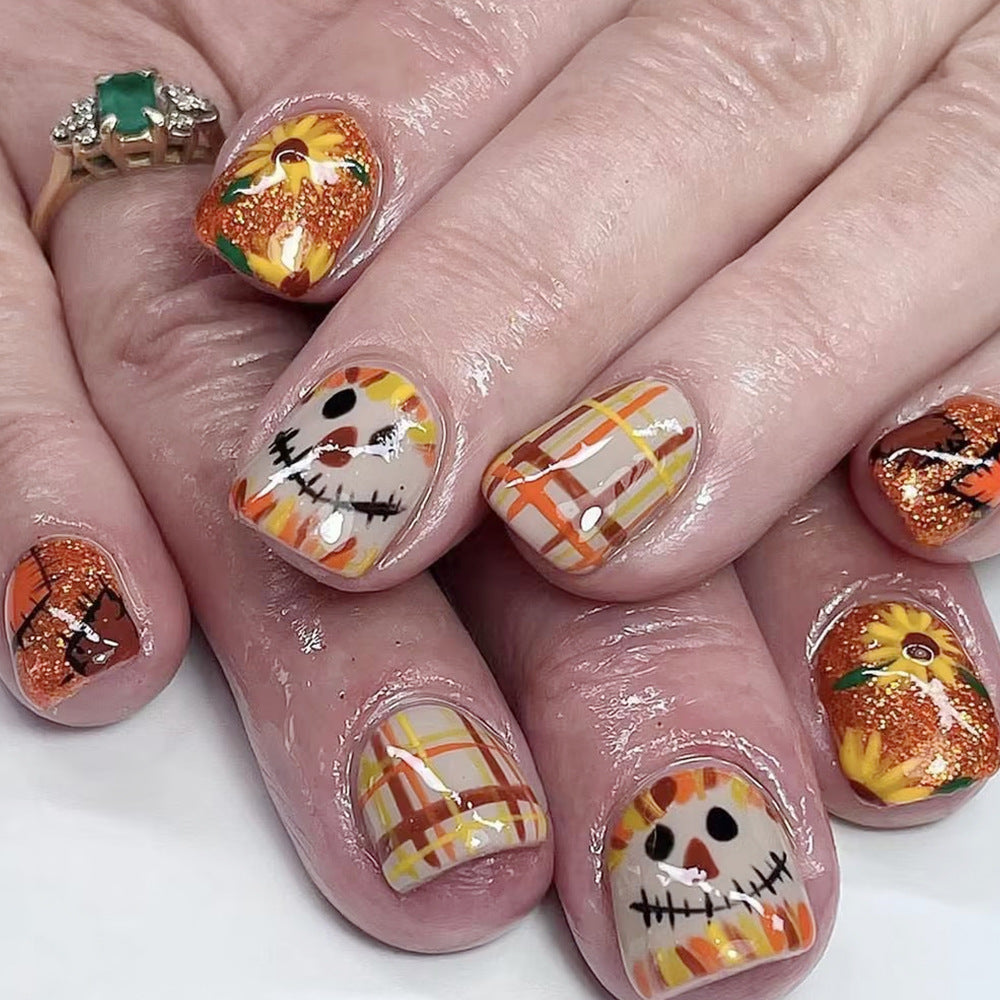 Harvest Festival Autumn Square Press On Short Nail Set in Orange and Brown with Glittery Scarecrow Design