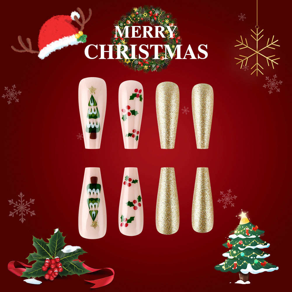 Festive Cheer Long Coffin Beige with Glitter and Holiday Designs Press-On Nail Set