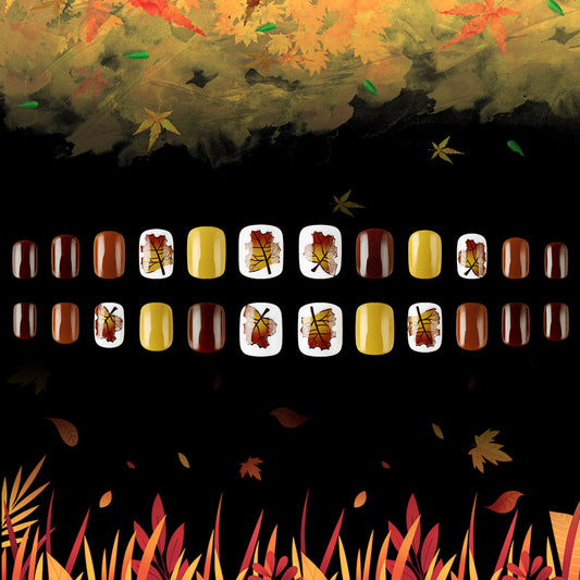 Autumn Elegance Short Square Brown and Yellow Press-On Nail Set with Stunning Leaf Design