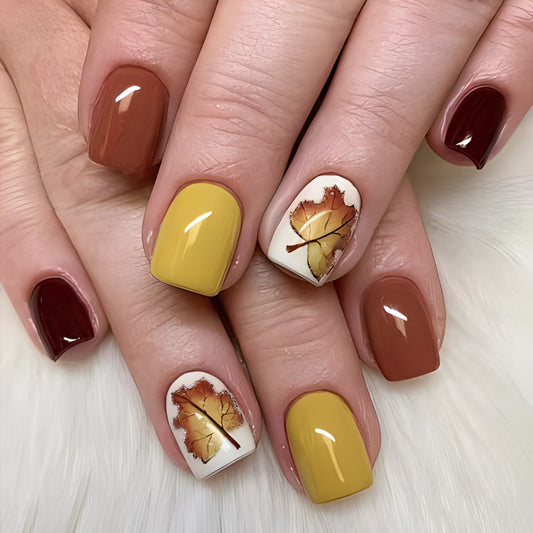 Autumn Bliss Square Short Length Bold Yellow and Brown Press On Nail Set with Elegant Leaf Design