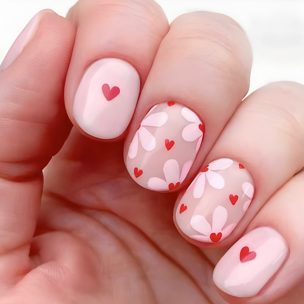 Romantic Blossom Short Squoval Soft Pink Floral Heart Design Press On Nail Set