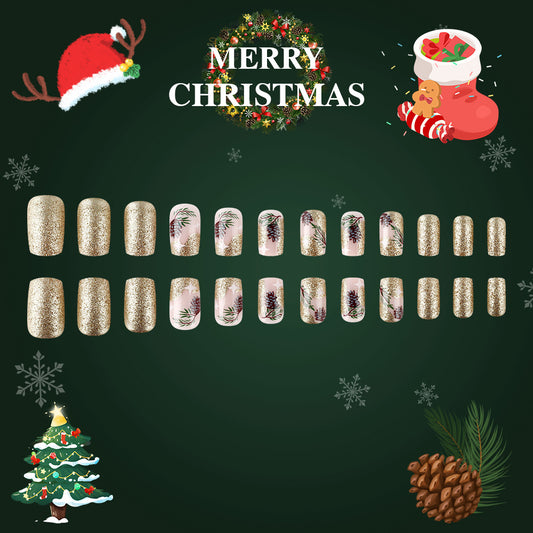 Festive Elegance Short Square Glitter Gold Press-On Nail Set with Pinecone and Floral Art Design