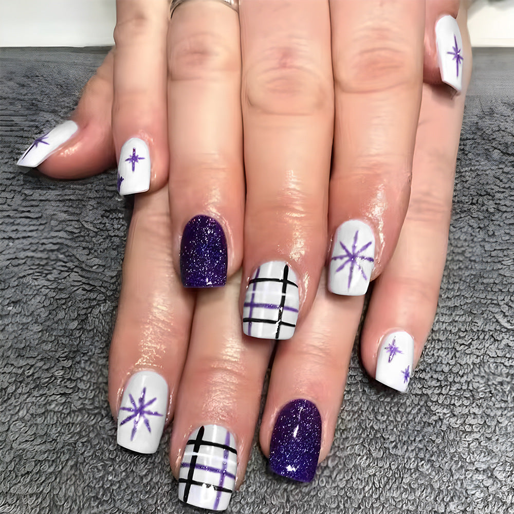 Galactic Glamour Press-On Nail Set Medium Square Purple with Starry Designs and Sparkling Accent