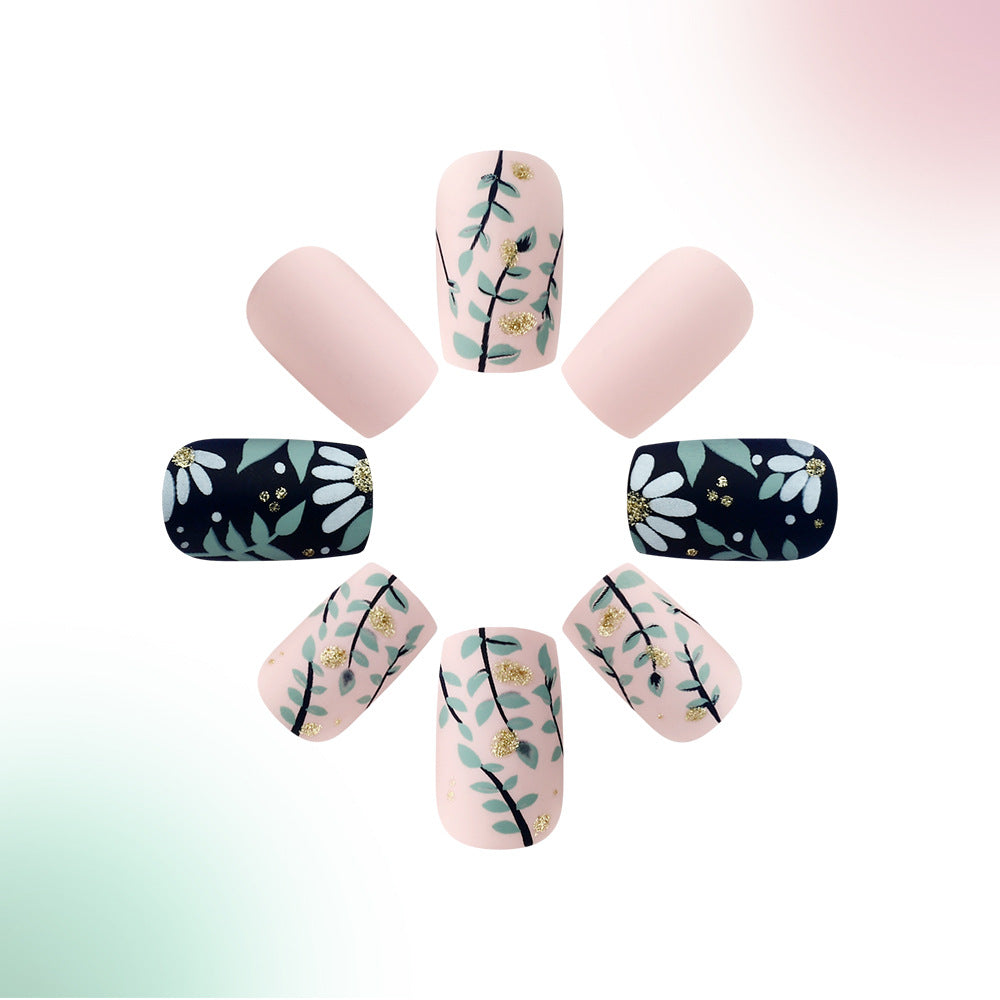 Botanical Elegance Short Square Pastel Pink and Deep Blue Floral Press On Nail Set with Gold Accents