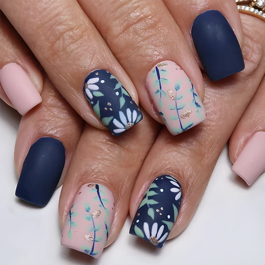 Elegant Garden Vibes Short Square Matte Pink and Navy Blue Press On Nail Set with Floral Design and Gold Accents