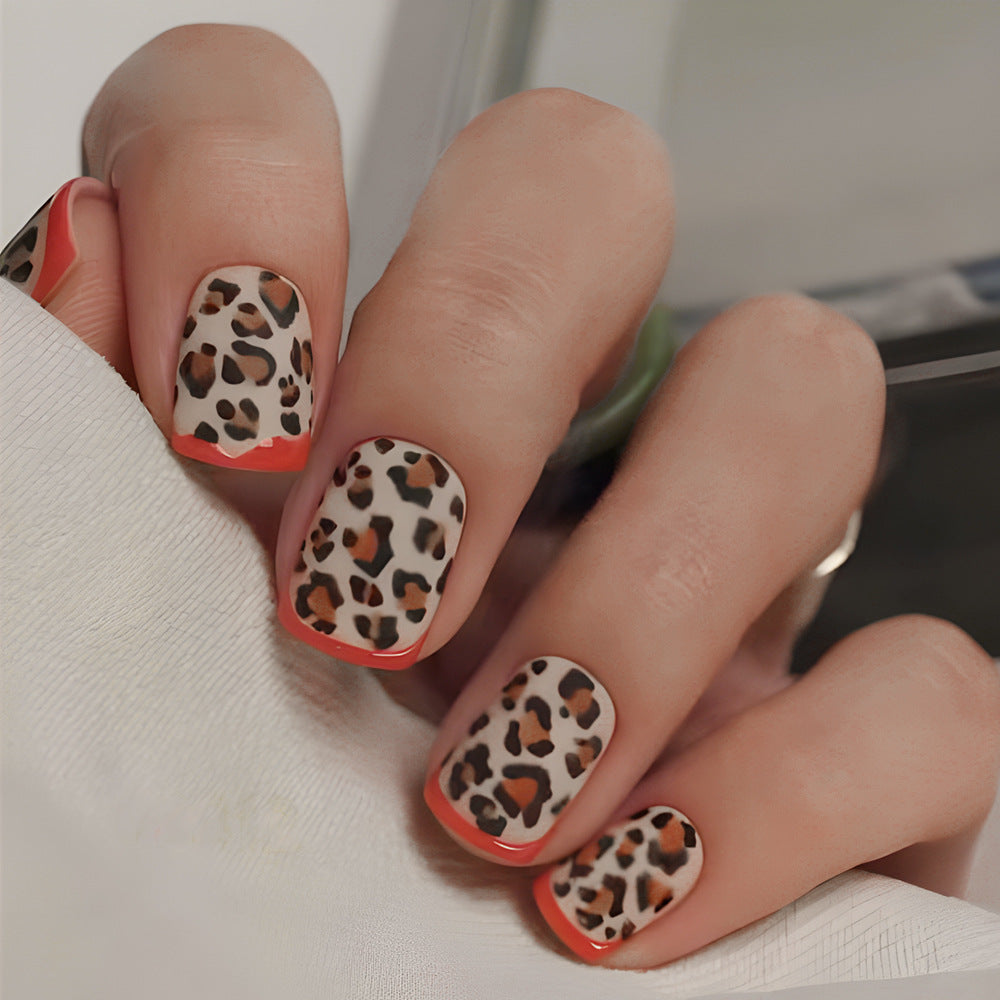 Savannah Chic Short Square Press On Nails in Beige with Bold Leopard Print and Vibrant Coral Tips